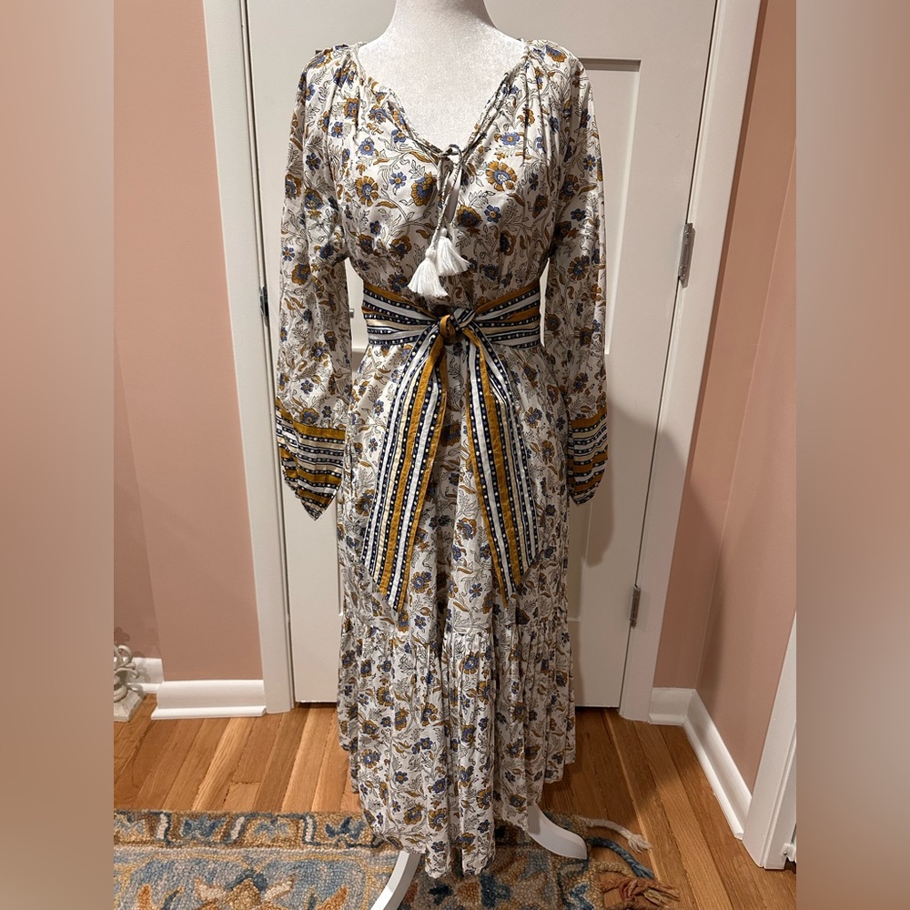Cleobella Ivory Floral Maxi Dress with Blue and Mustard Trim